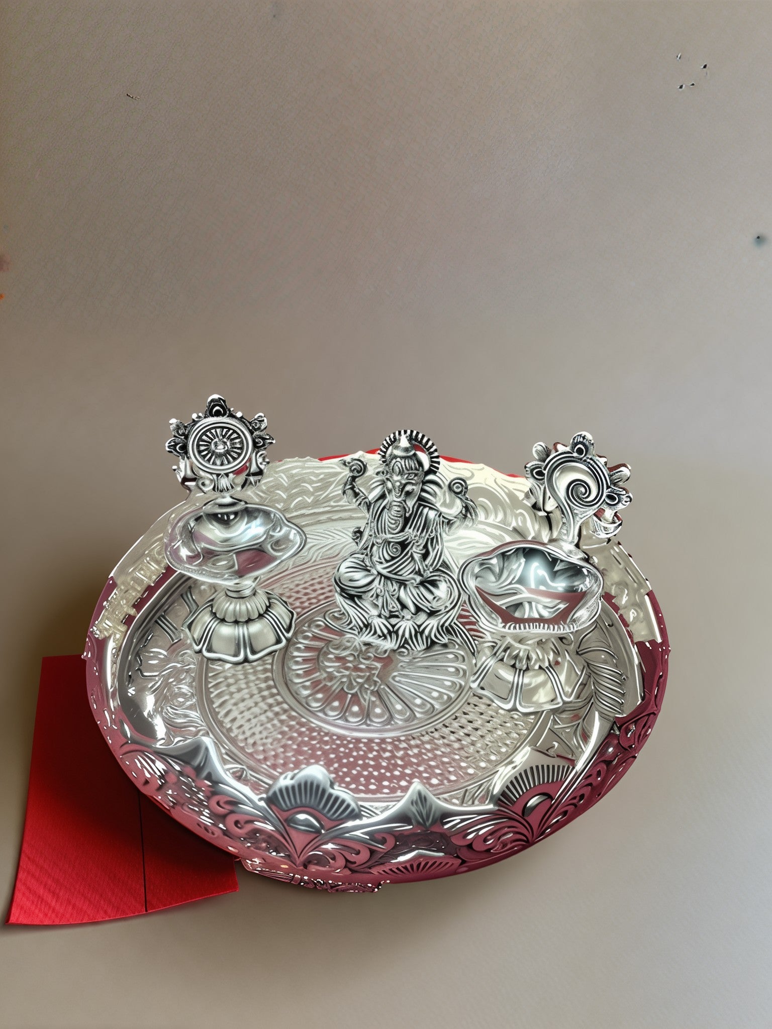 silver plated antique finish urli tray with ganesh with 2 shaunku diya set